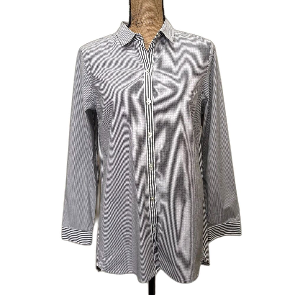 J. Jill Gray White Asymmetric Striped Long Sleeve Button Down Tunic Shirt Medium